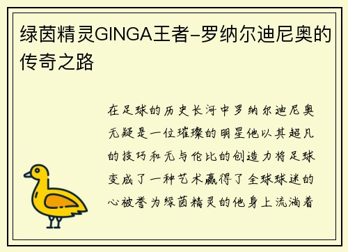 绿茵精灵GINGA王者-罗纳尔迪尼奥的传奇之路